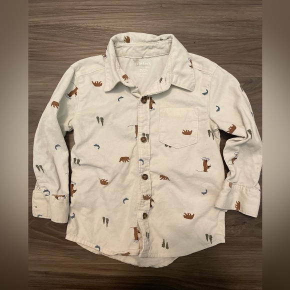 Carter's Cream and Brown Button Down Corduroy Shirt with Bear print size 2T - Picture 3 of 4